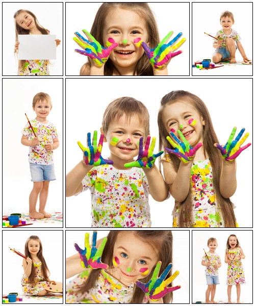 Kids with hands painted in colorful paint - Stock Photo