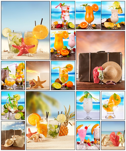 Summer beach with drinks and travel accessories - Stock Photo