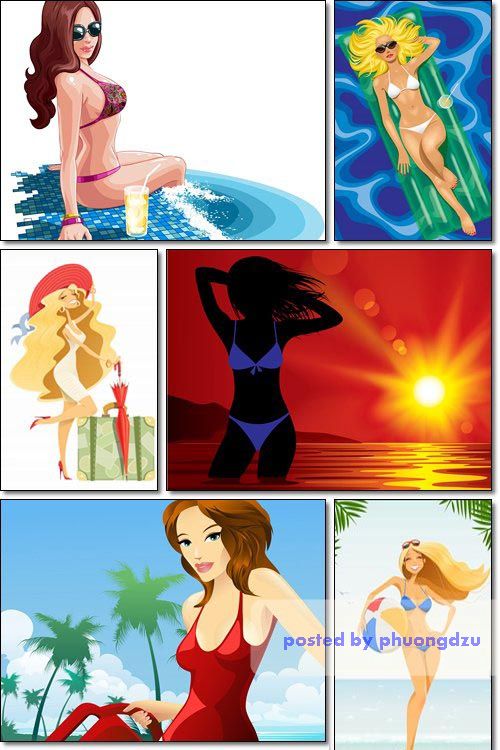 Girl with suitcase on vacation, play, by the pool - Vector