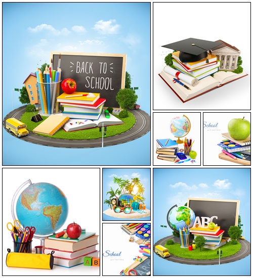 Stack of books, apple, globe and pencils - Stock Photo