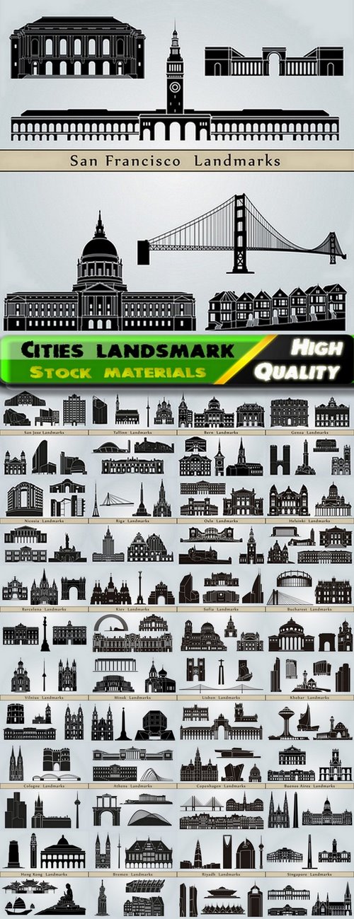 Different cities landsmark and skyline in vector from stock - 25 Eps