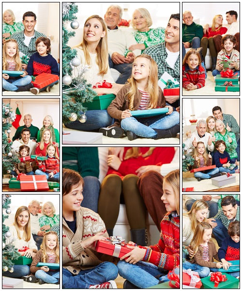Happy family with christmas gifts - Stock Photo