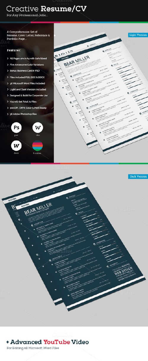 CreativeMarket - CV/Resume Set Template with MS Word 109412