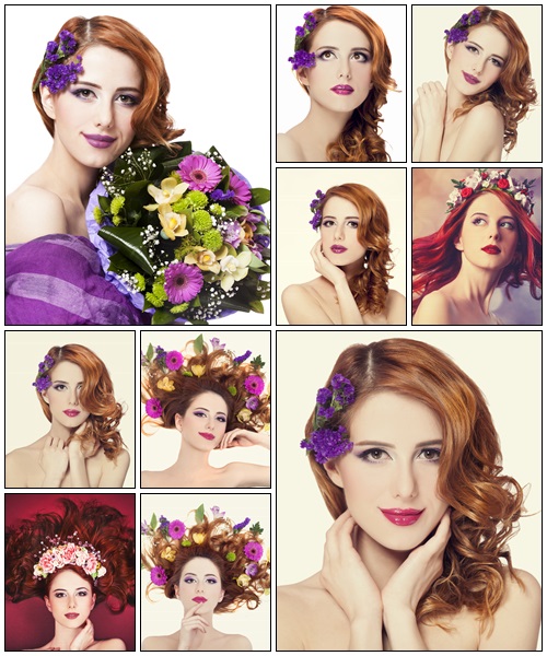 Redhead girl with flower, isolated - Stock Photo