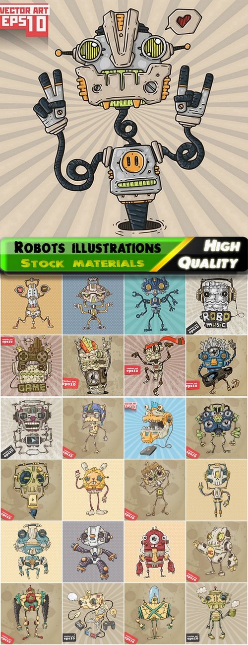 Set of robots illustrations in vector from stock - 25 Eps