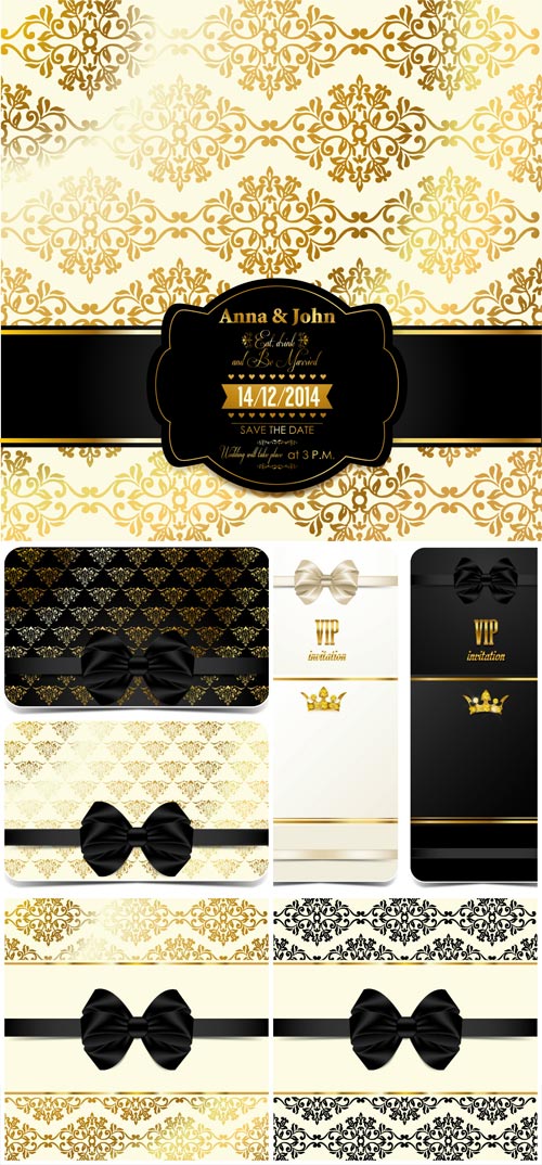 Vector VIP card with black ribbons, background with gold pattern 3