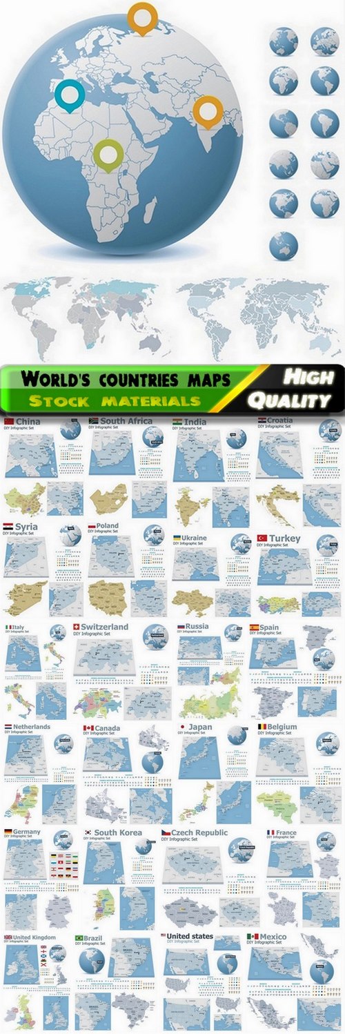 Set of world's countries detailed maps - 25 Eps