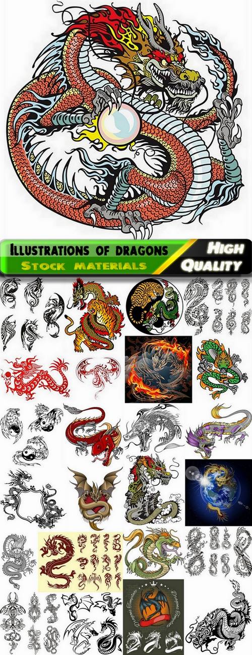 Illustrations and tattoos of Chinese dragons - 25 Eps