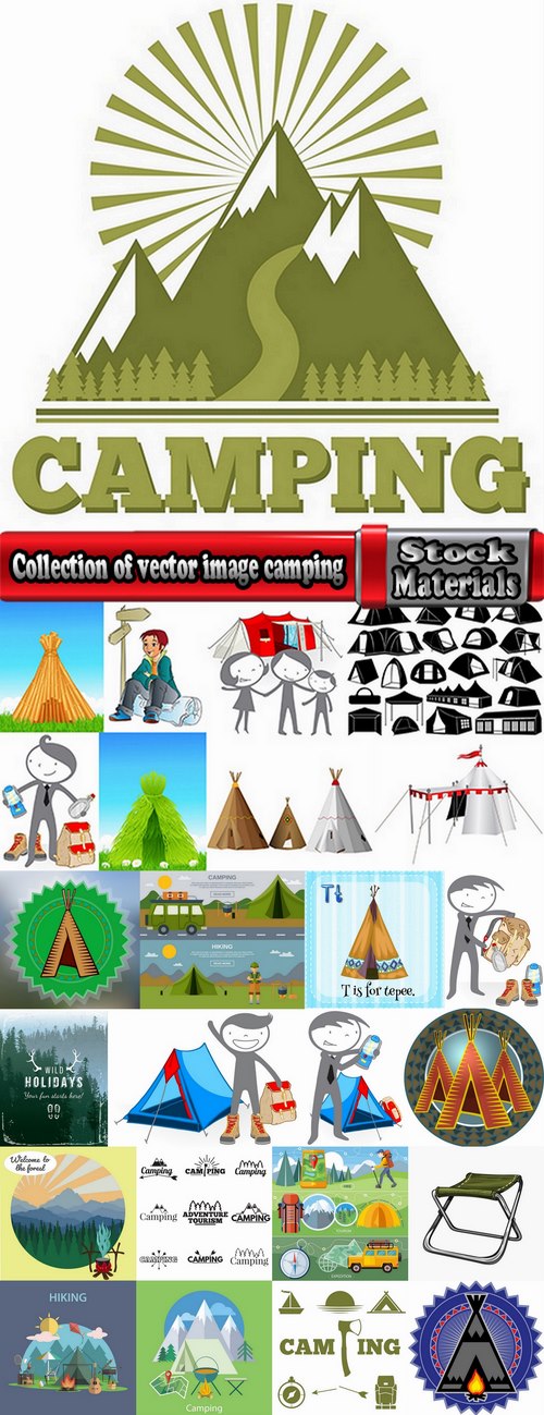 Collection of vector image camping tent hiking hut flyer banner poster 25 EPS
