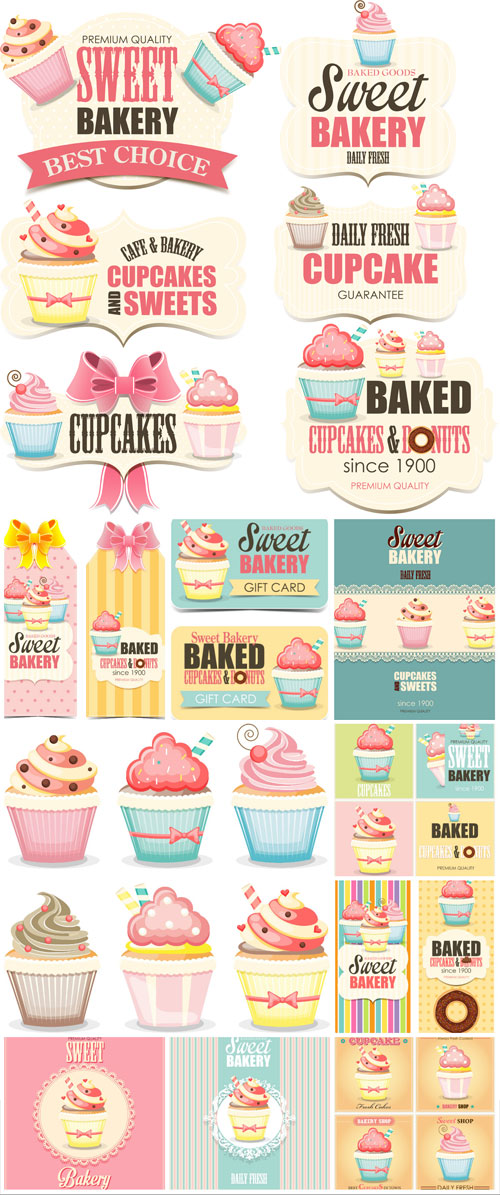 Vector labels and backgrounds with cupcakes
