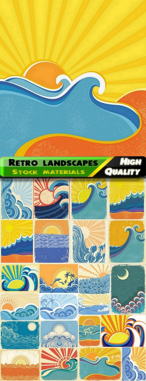Retro landscapes with ocean waves and sun - 25 Eps