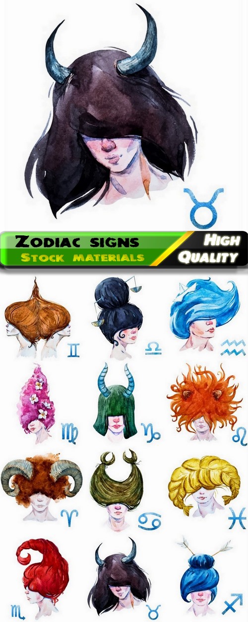 Set of zodiac signs and watercolor woman - 25 Eps
