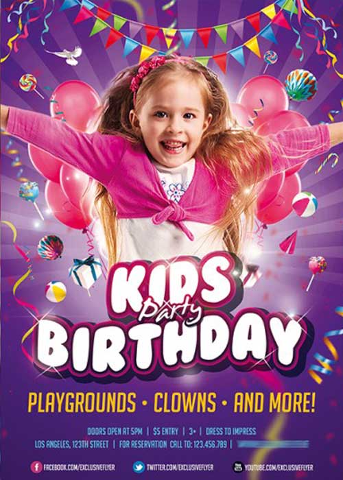Kids Birthday Party Invitation Premium Flyer Template + Facebook Cover