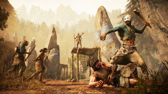 Скриншот из игры Far cry: Primal, изображена битва в каменном веке